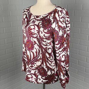 Liz Claiborne Blouse Women Large Pink Paisley Ruffle Sleeve Keyhole Career Party